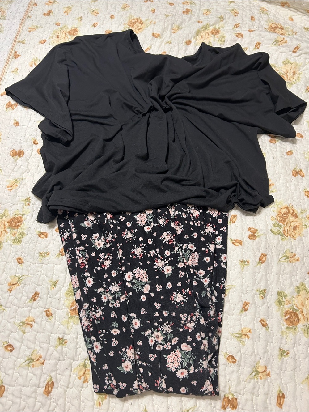 Black Top with Black Floral leggings — GENTLY USED!